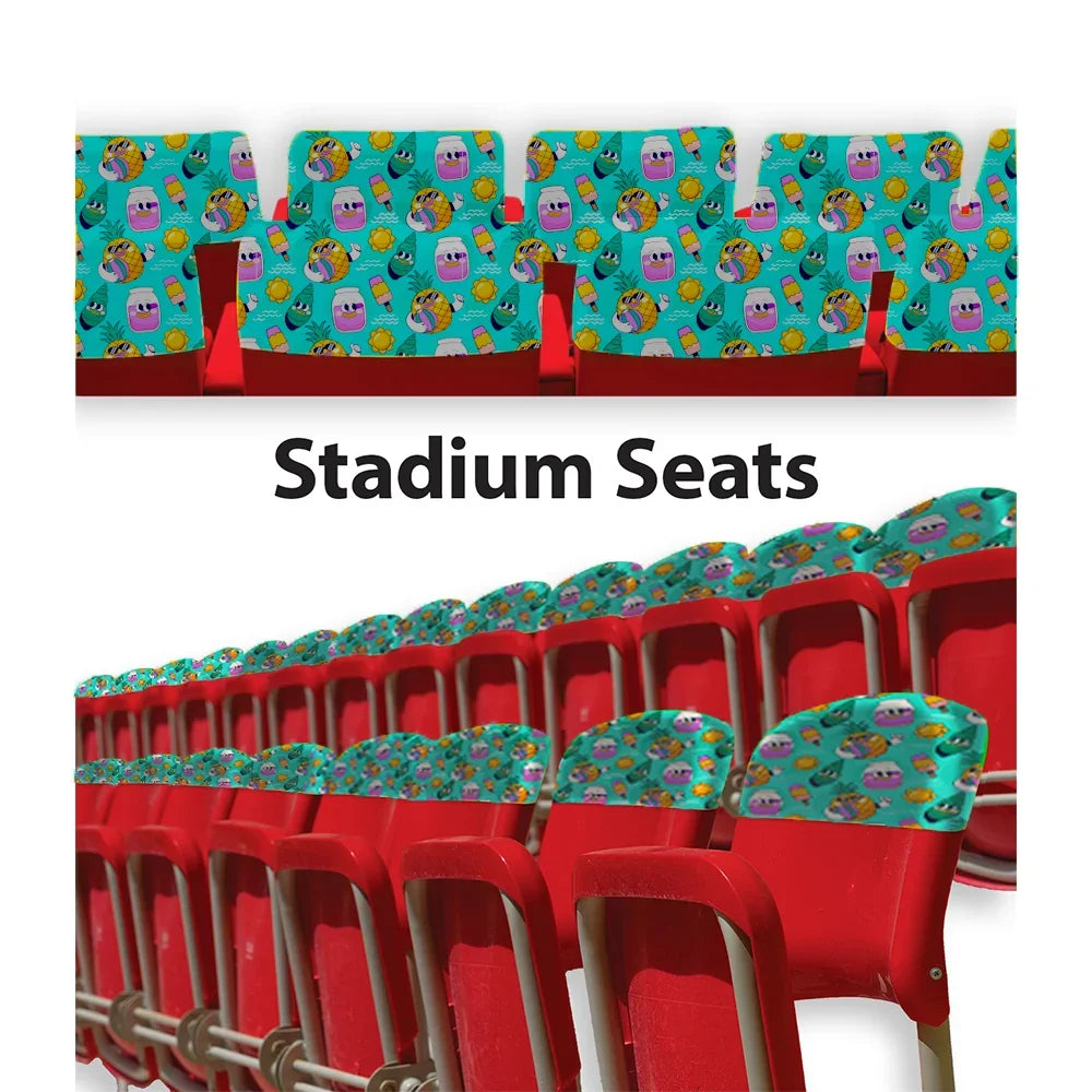 Custom printed stadium seat covers with colorful tropical patterns on red seats.