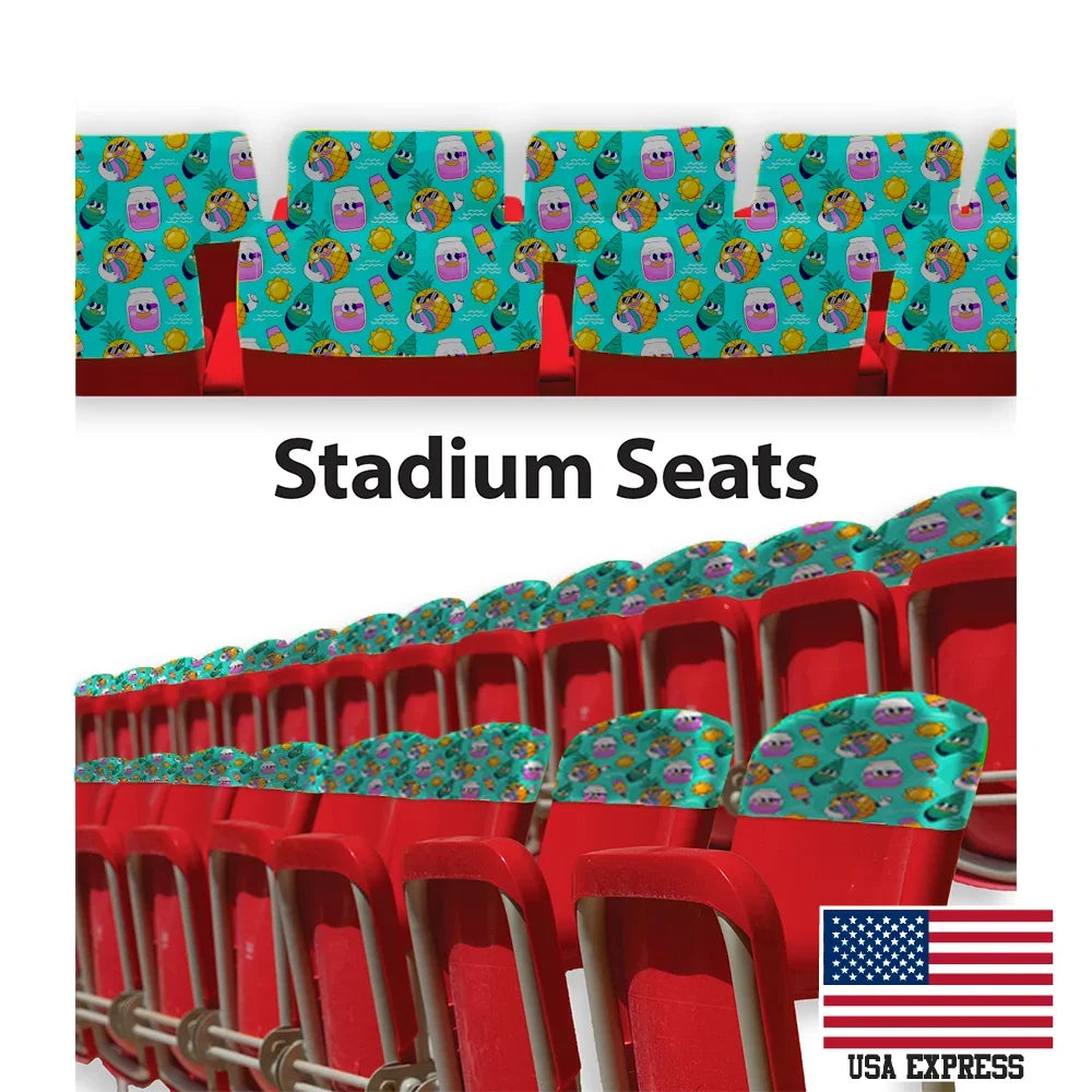 Custom printed stadium seat covers with colorful tropical patterns on red seats