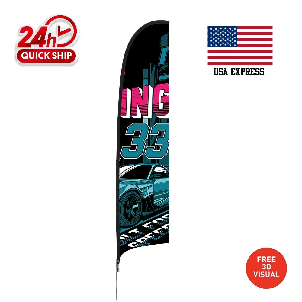 Custom feather flag with racing car graphics and '33' numbering