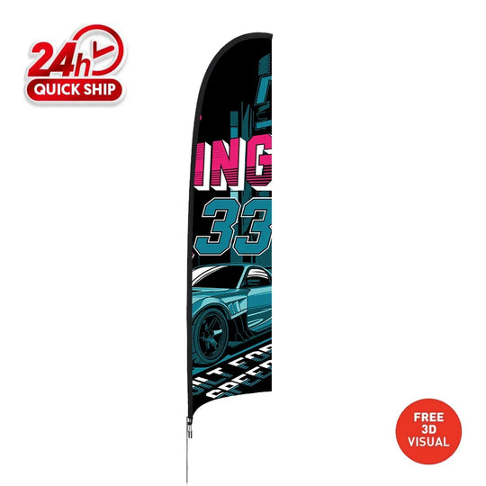 Custom feather flag featuring a blue sports car and pink graphics