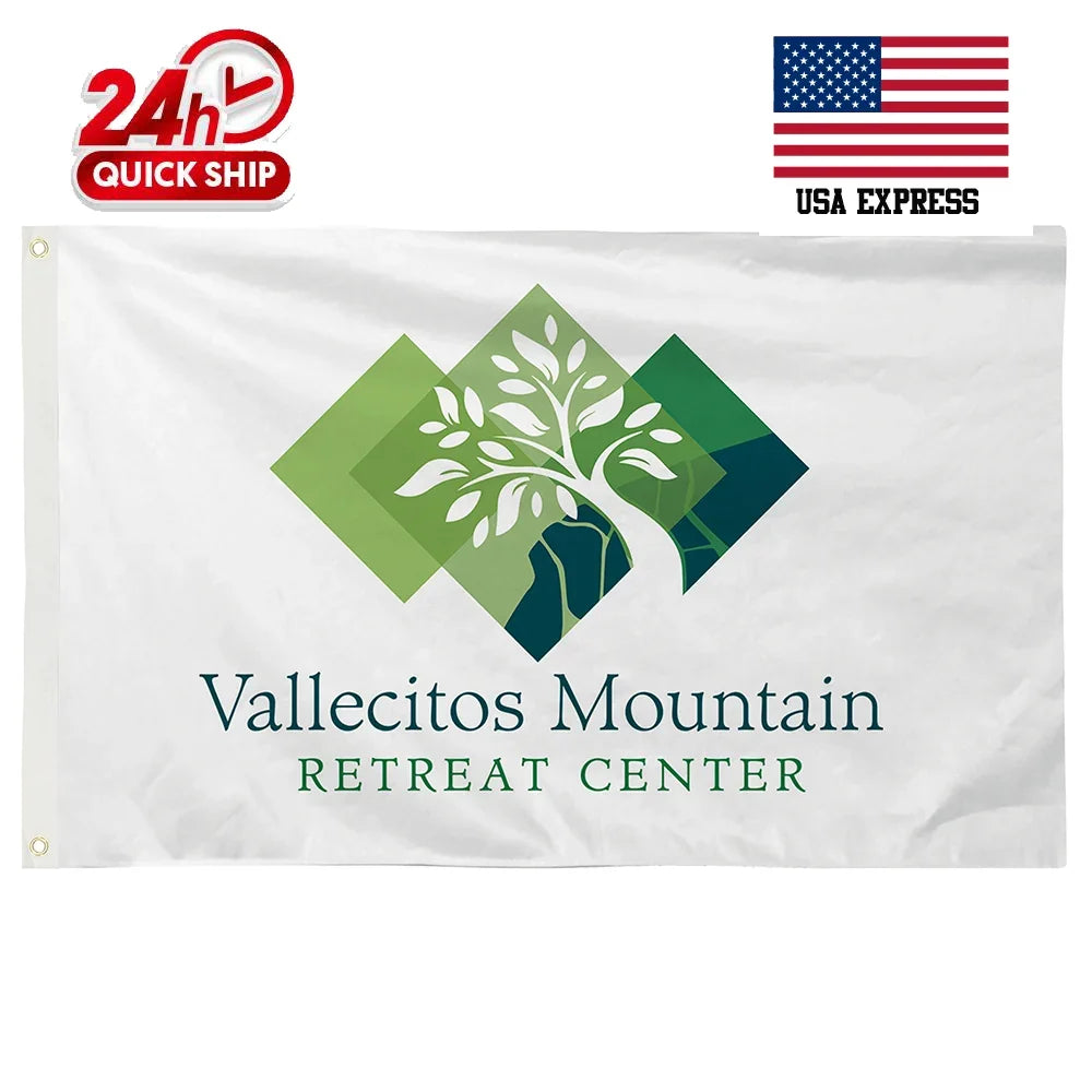Custom white flag featuring Vallecitos Mountain Retreat Center logo and text