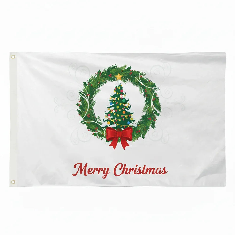 White custom flag featuring a Christmas tree inside a wreath with 'Merry Christmas' text