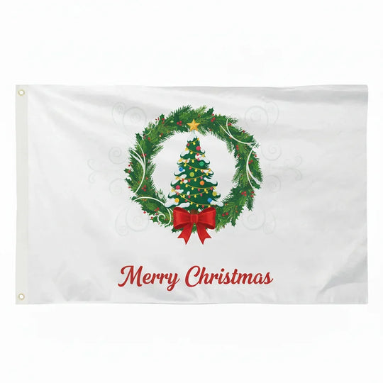 White custom flag featuring a Christmas tree inside a wreath with 'Merry Christmas' text