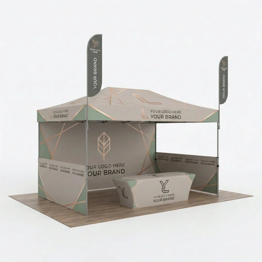 Custom branded event kit with canopy tent, feather flags, and table cover.