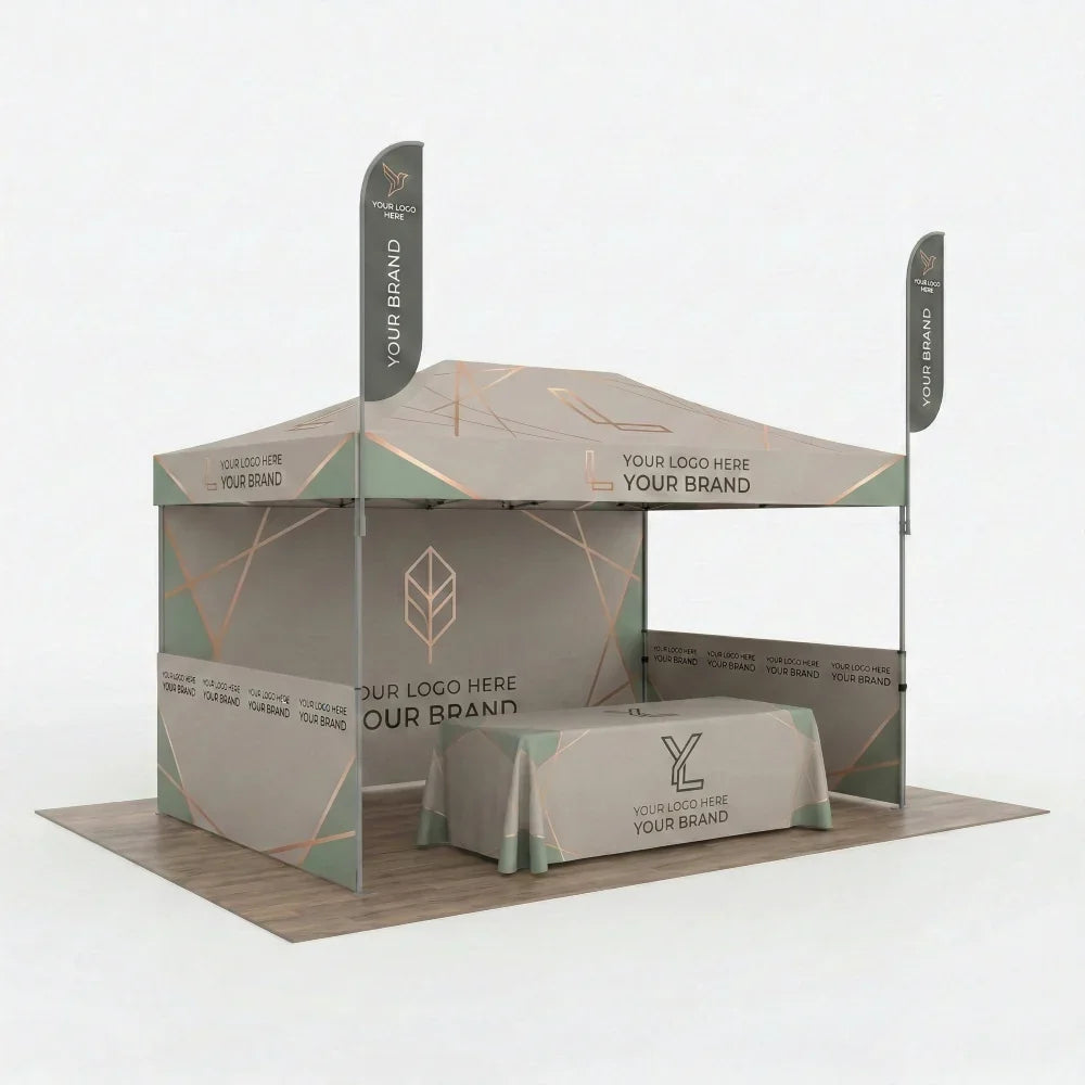 Custom branded event kit with a canopy tent, table cover, and feather flags.
