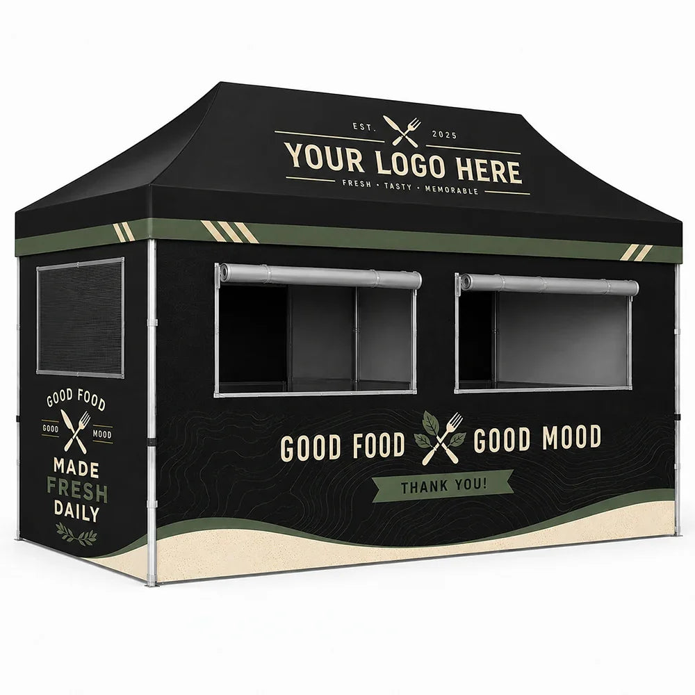 Custom black canopy tent with food-themed branding and serving windows