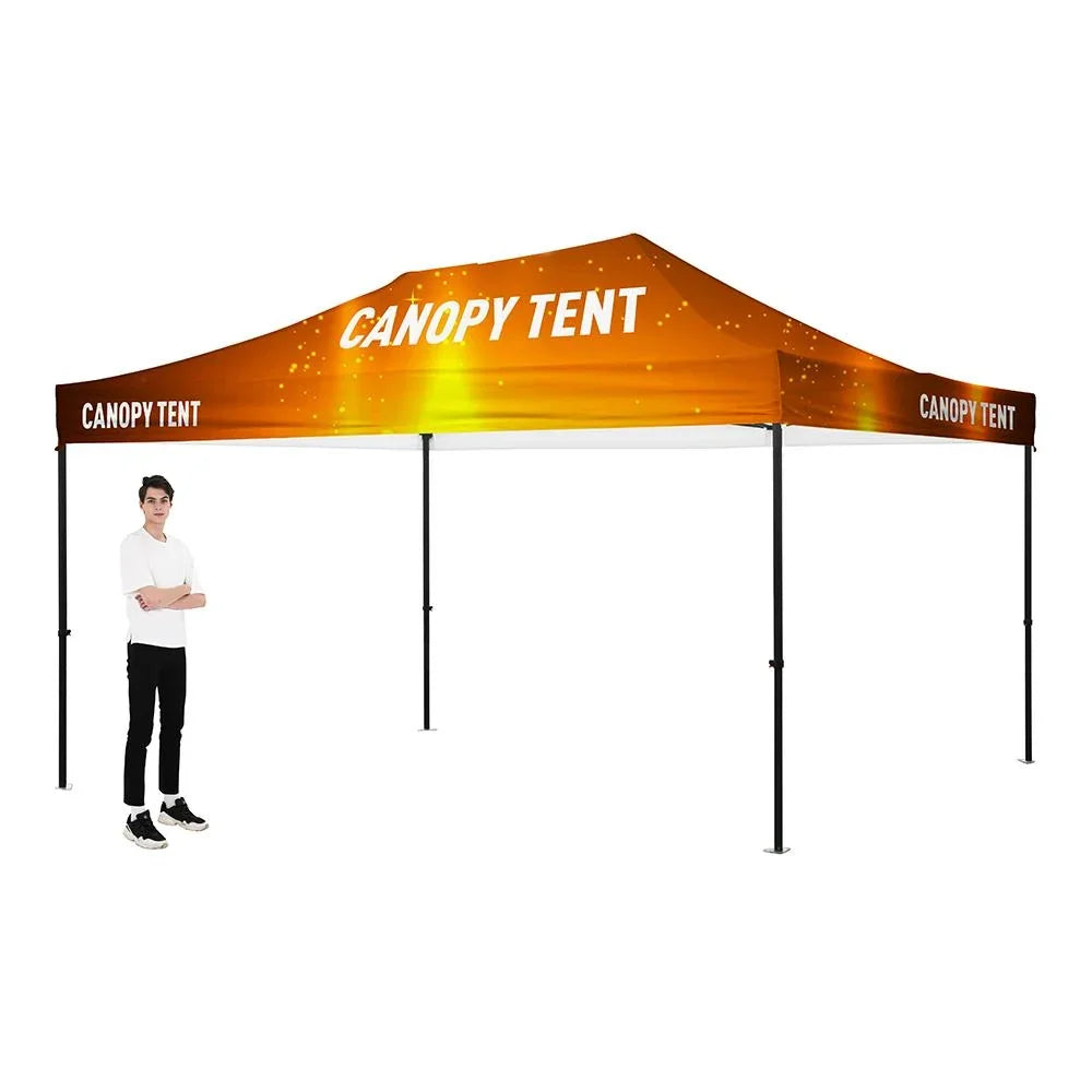 Custom orange canopy tent with 'CANOPY TENT' text and a man standing beside it.