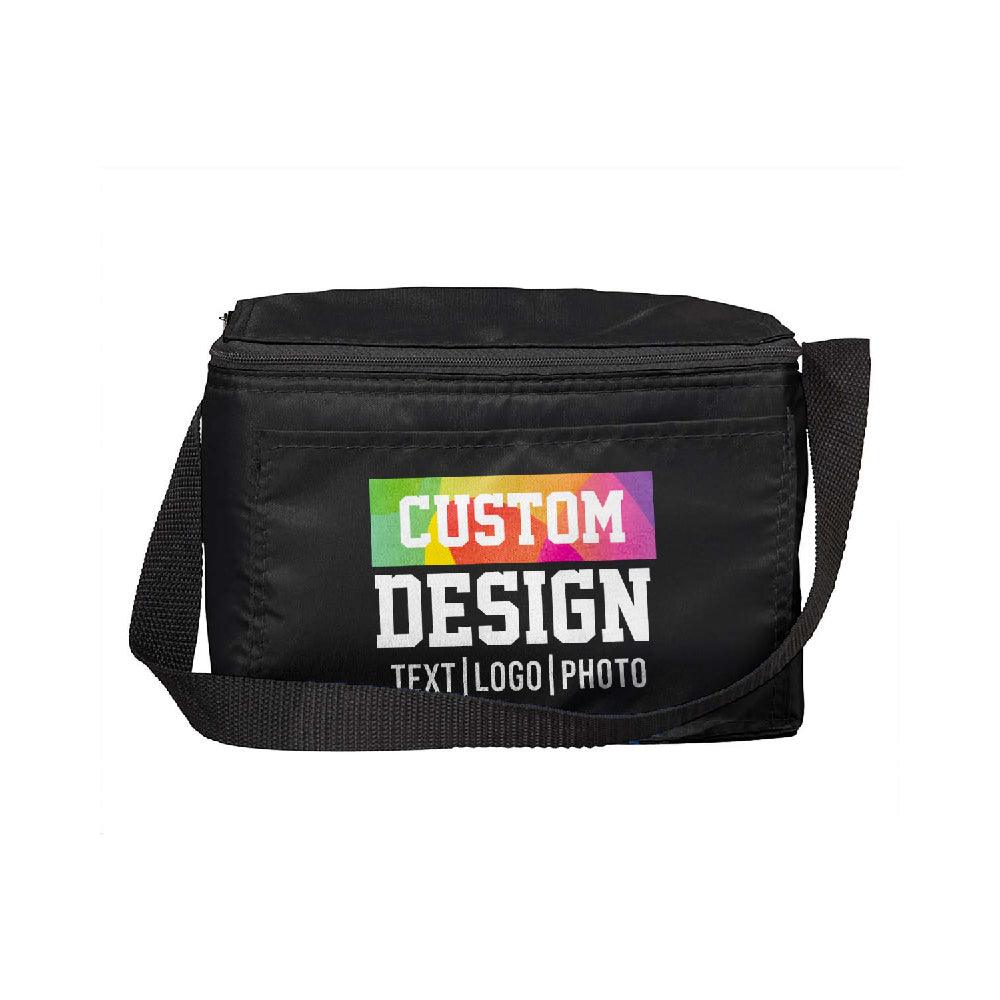 Black custom cooler bag with colorful 'CUSTOM DESIGN' text and shoulder strap.