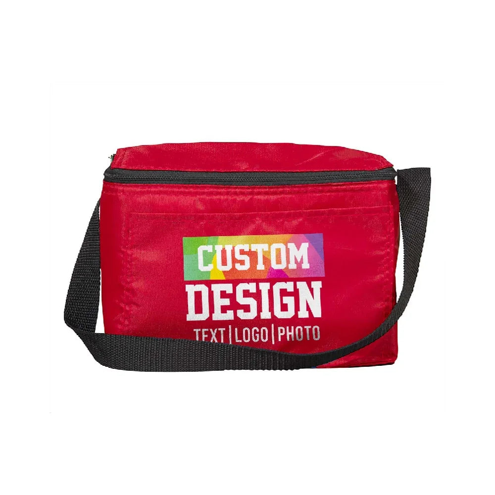 Red custom design cooler bag with black shoulder strap