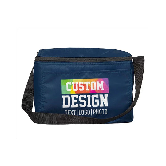 Navy blue custom cooler bag with colorful custom design print and shoulder strap