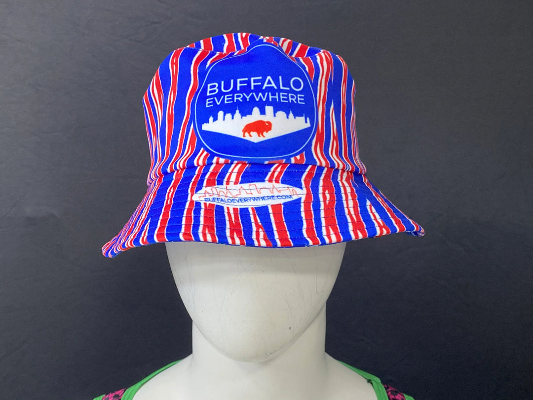 Red, white, and blue striped bucket hat featuring a Buffalo Everywhere logo