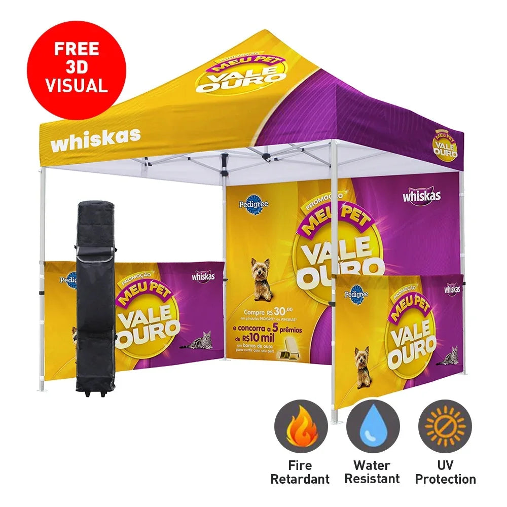 Custom branded pop-up canopy tent with yellow and purple promotional graphics