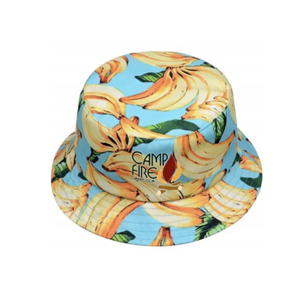 Light blue bucket hat with yellow banana print and Camp Fire logo
