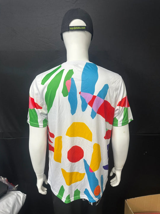 Back view of a white custom t-shirt with colorful abstract shapes on a mannequin