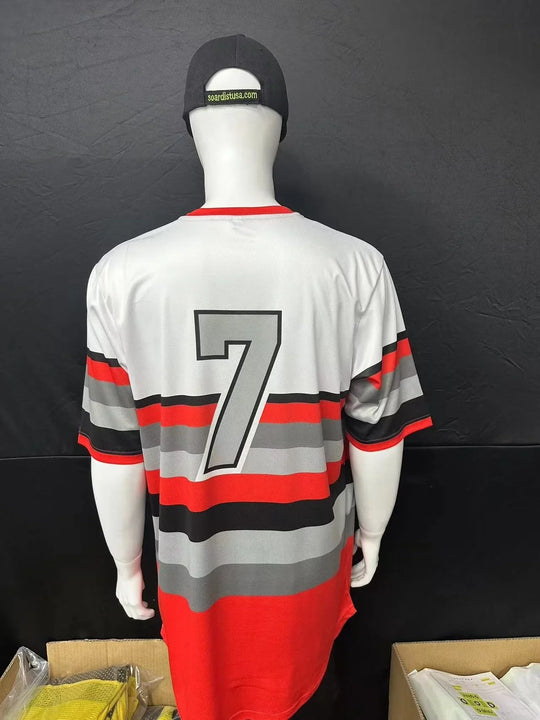 Back view of a custom grey, red, and black striped jersey with the number 7 on a mannequin.