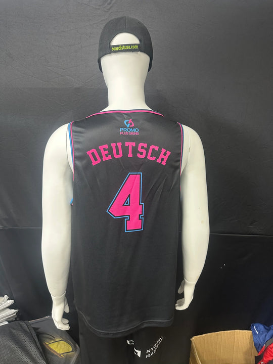Back view of a custom black basketball jersey with pink 'DEUTSCH 4' lettering on a mannequin