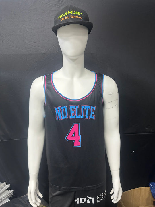 Custom black basketball jersey with blue and pink text and a matching black cap on a mannequin