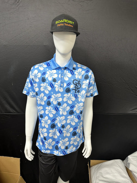Male mannequin wearing a custom blue floral print polo shirt and a black baseball cap.
