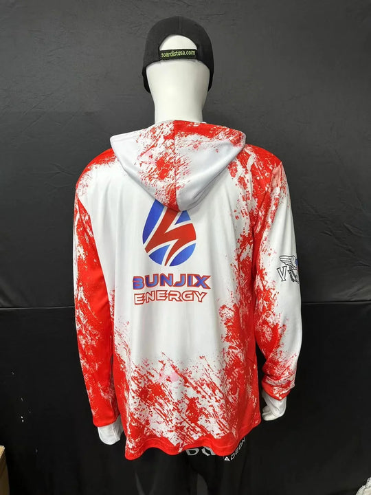 Back view of a white and red splatter print hoodie with Bunjix Energy logo