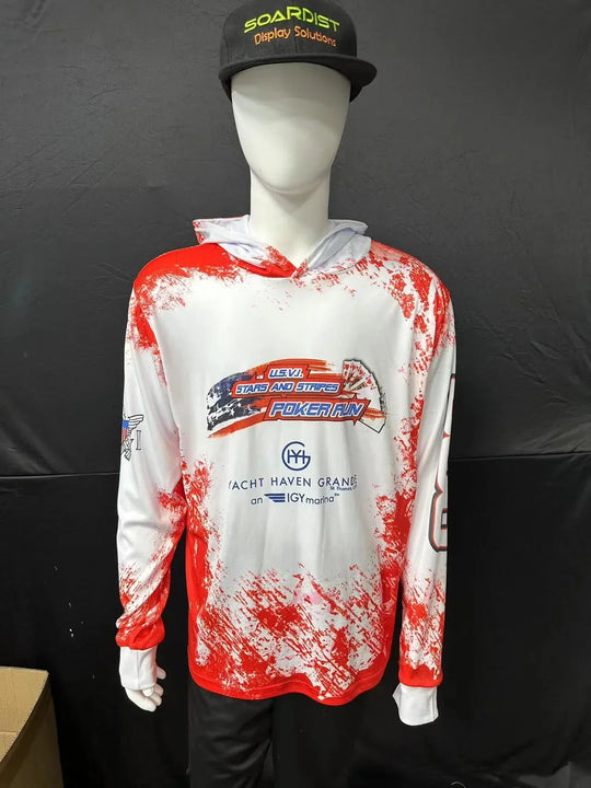 Custom red and white splatter print hooded performance long sleeve shirt on a mannequin