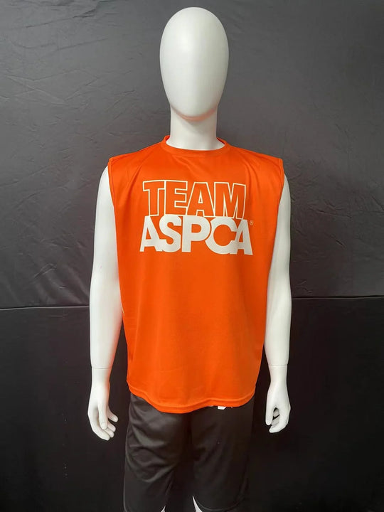 Orange sleeveless athletic shirt with 'TEAM ASPCA' printed in white on a mannequin.