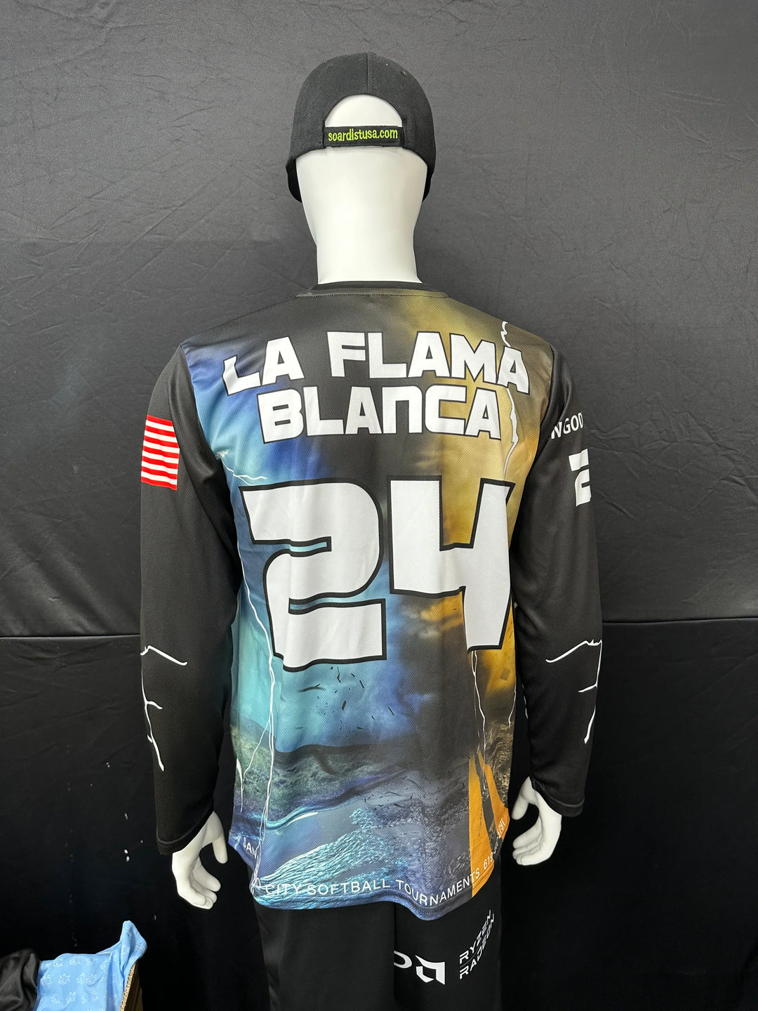 Custom sublimation long sleeve jersey with LA FLAMA BLANCA text and number 24