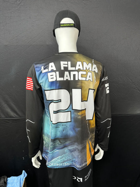 Custom sublimation long sleeve jersey with LA FLAMA BLANCA text and number 24