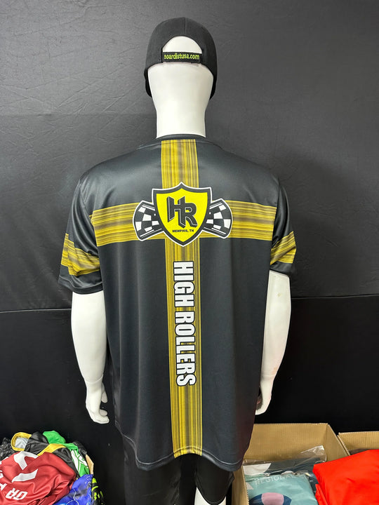 Back view of a black custom racing jersey with yellow stripes and High Rollers logo