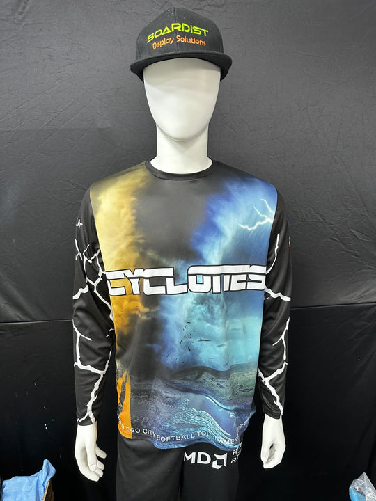 Custom long sleeve apparel featuring a storm graphic and Cyclones text on a mannequin