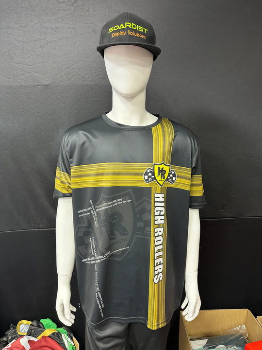 Custom black and yellow High Rollers racing jersey and matching cap on a mannequin.