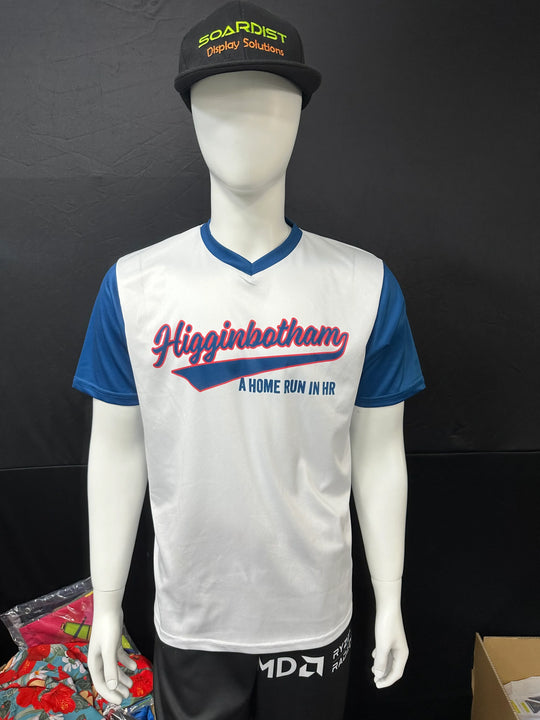 Custom white and blue baseball jersey with Higginbotham text on a mannequin