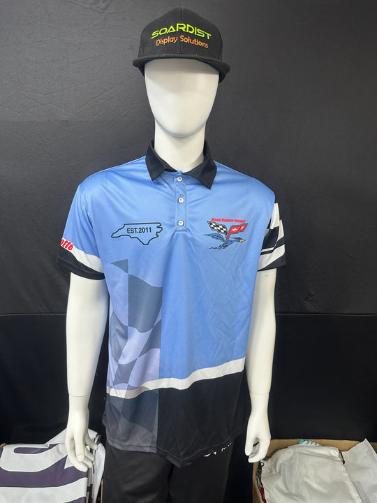 Mannequin wearing a custom light blue and black short-sleeve polo shirt and black cap.