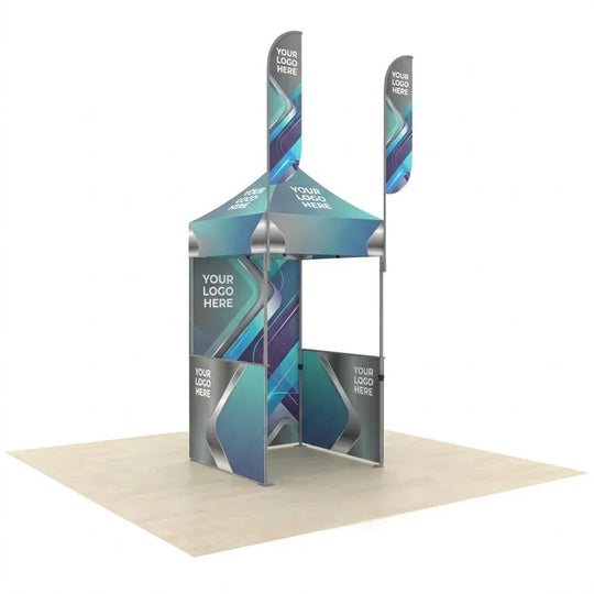 Custom branded event tent with matching feather flags and side walls on a white floor.