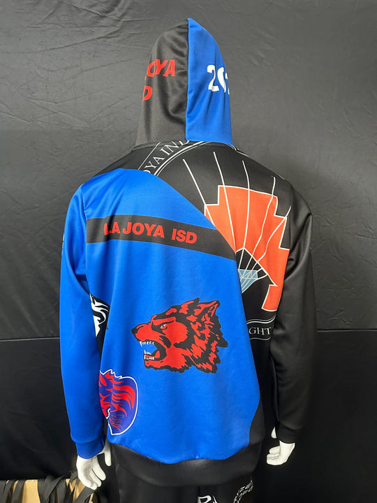 Back view of a custom blue and black hoodie with La Joya ISD graphics and a wolf mascot.