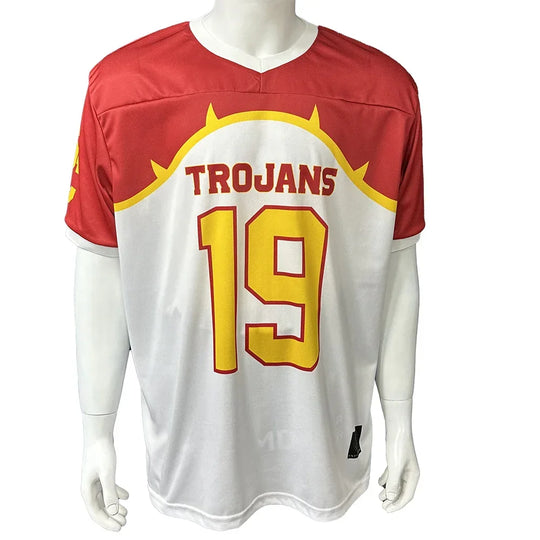 Custom white and red Trojans football jersey with number 19