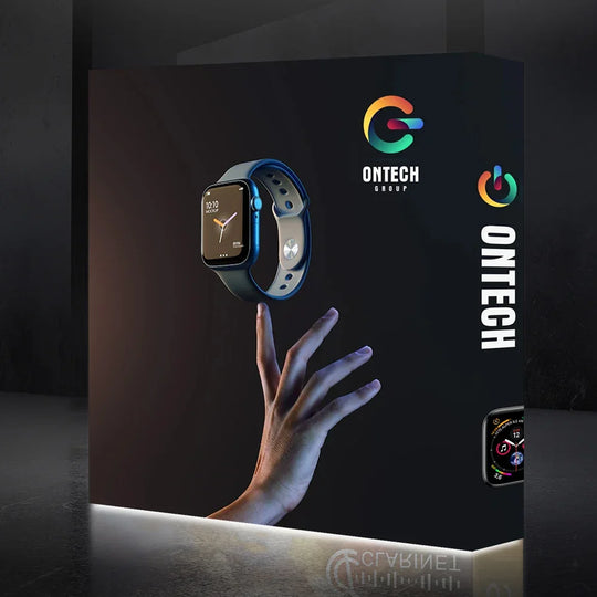 Ontech Group smartwatch floating above a hand against a dark background.