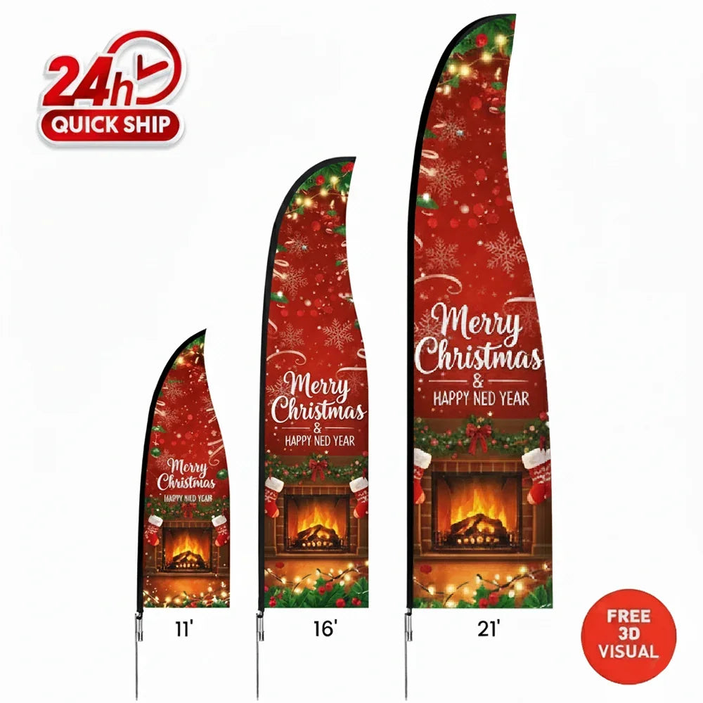 Three different sizes of red Merry Christmas custom feather flags with fireplace designs.