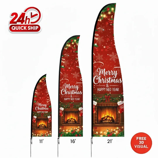 Three different sizes of red Merry Christmas custom feather flags with fireplace designs.