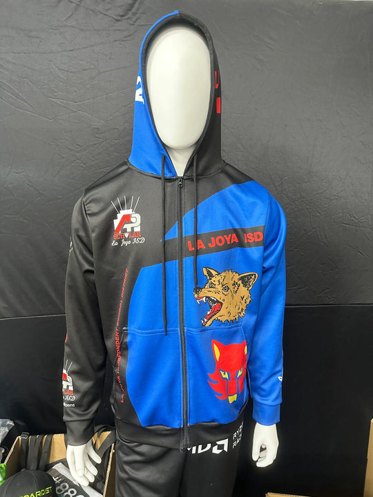 Custom black and blue hooded zip-up jacket with La Joya ISD branding and mascot graphics.