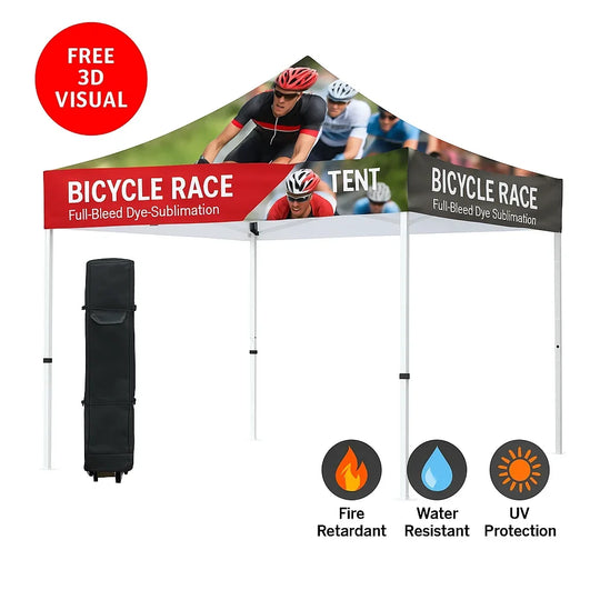 Custom full-bleed dye-sublimation bicycle race pop-up tent with carrying case