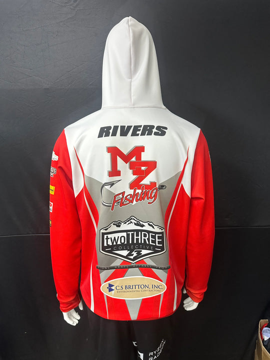 Back view of a custom red and white hooded fishing jersey with multiple sponsor logos