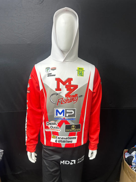 Custom red and white hooded fishing jersey with sponsor logos on a mannequin