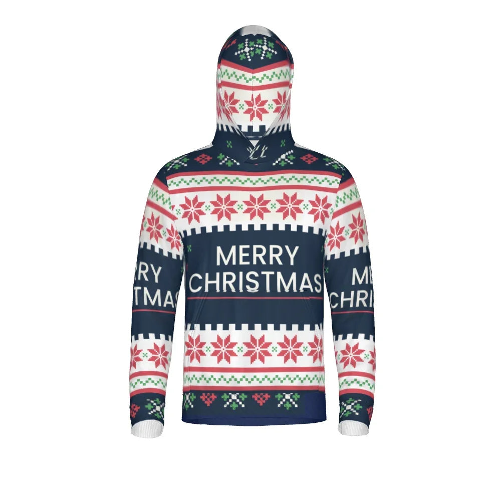Navy blue hooded performance shirt with red and white Merry Christmas holiday patterns