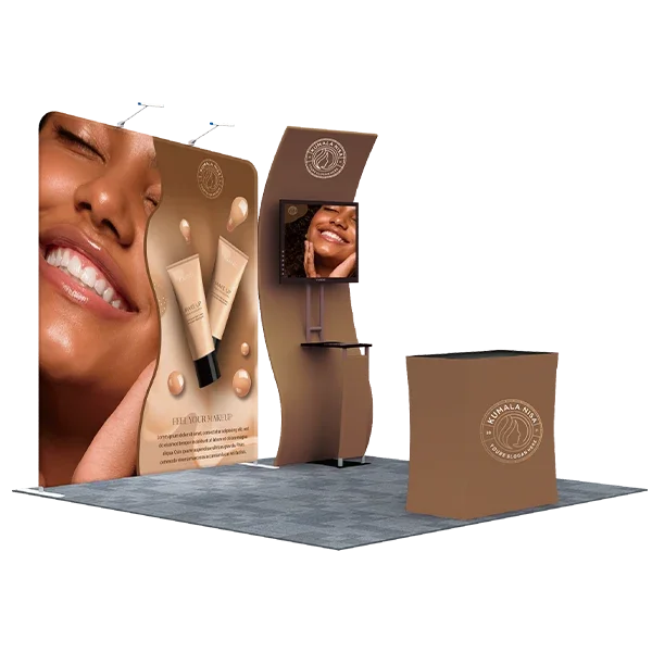 Custom branded trade show display with curved banners, digital screen, and branded podium.