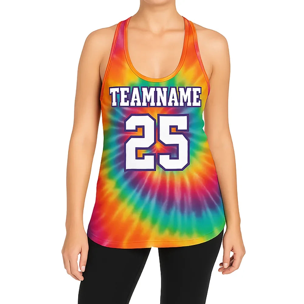 Custom rainbow tie-dye athletic tank top with TEAMNAME and number 25 print.
