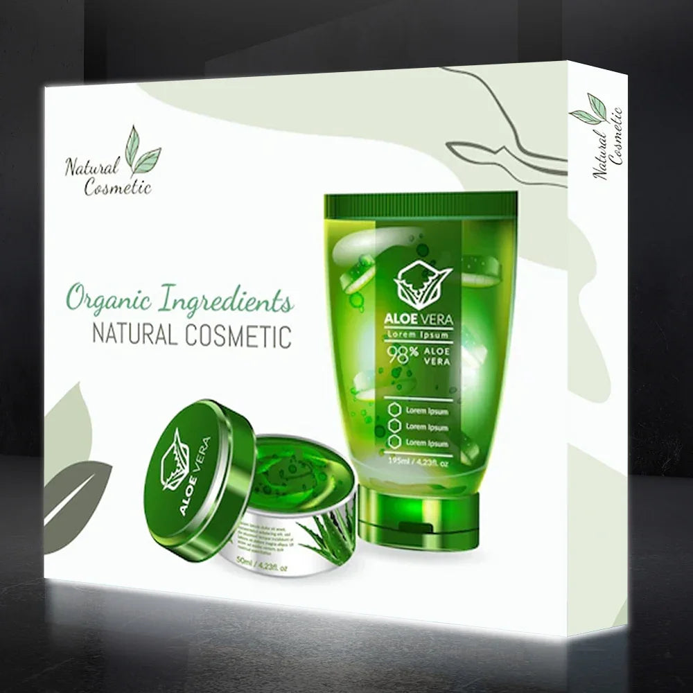 Natural Cosmetic aloe vera skincare set featuring a tube and cream jar on a white background.