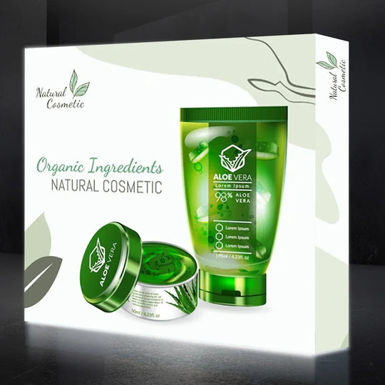 Natural Cosmetic aloe vera skincare set featuring a tube and cream jar on a white background.