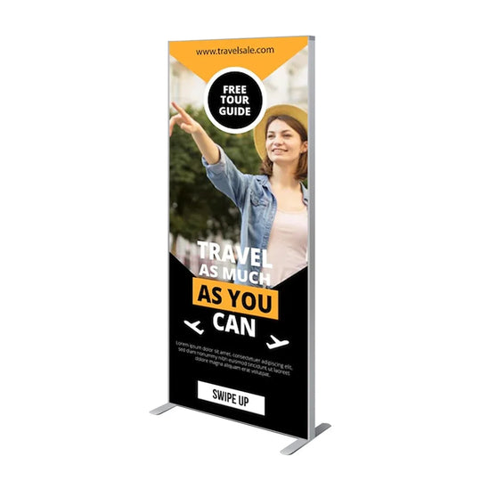 Custom vertical retractable banner for travel tours featuring a woman and travel slogans.