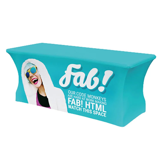 Custom turquoise table cover with 'fab!' branding and a woman in sunglasses