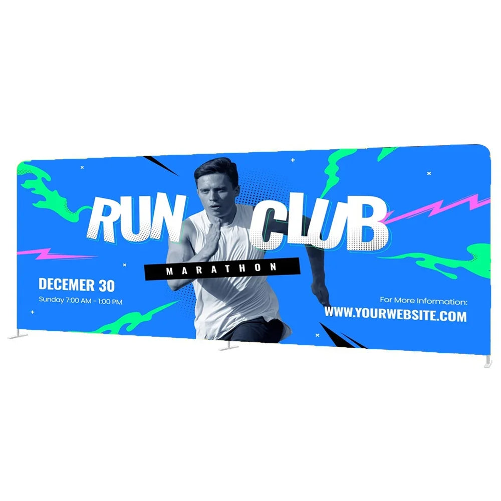 Custom blue marathon run club banner with male runner image and event details
